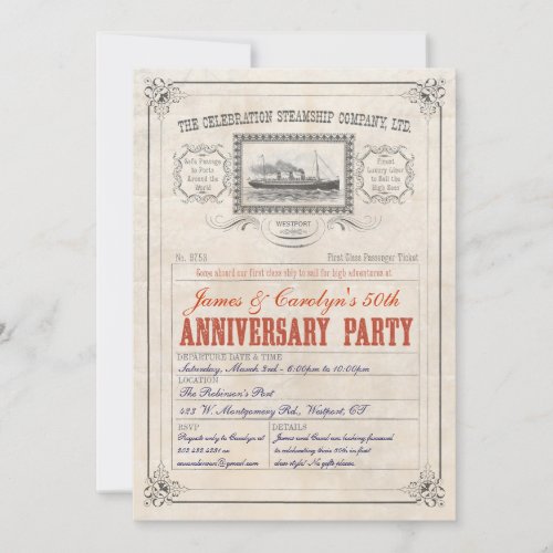 Steamship Cruise Ticket  Invitation Anniversary