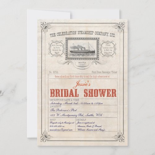 Steamship Cruise Ticket Invitation Bridal Shower