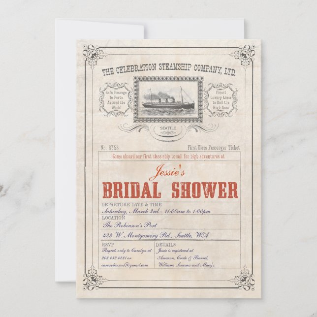 Steamship Cruise Ticket Invitation Bridal Shower (Front)