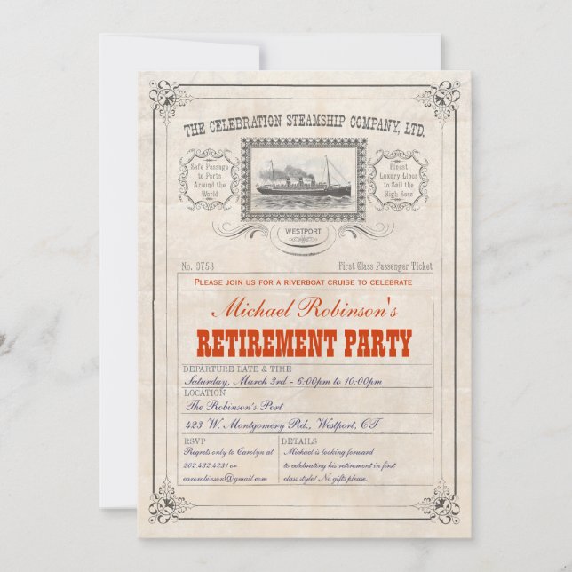 Steamship Cruise Ticket  Invitation -Custom Text (Front)