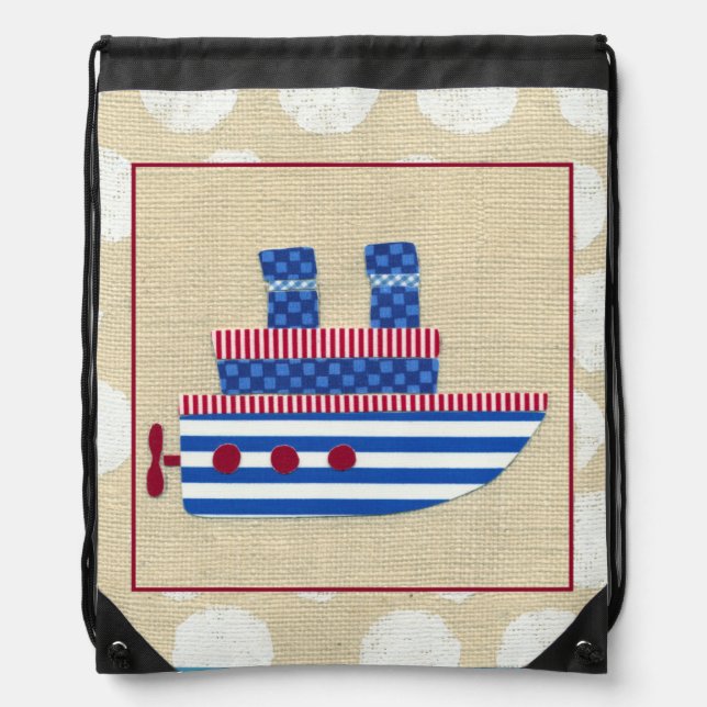 Steamship with Propeller and Blue Smokestacks Drawstring Bag (Front)