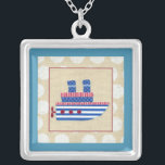 Steamship with Propeller and Blue Smokestacks Silver Plated Necklace<br><div class="desc">All aboard! Chariklia Zarris created this whimsical steamboat,  complete with a propeller and blue smokestacks. If only this were big enough to take a cruise on. Order a copy and put it in your home,  or give it as a gift to someone expecting a child!</div>