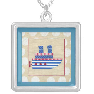 Steamship with Propeller and Blue Smokestacks Silver Plated Necklace