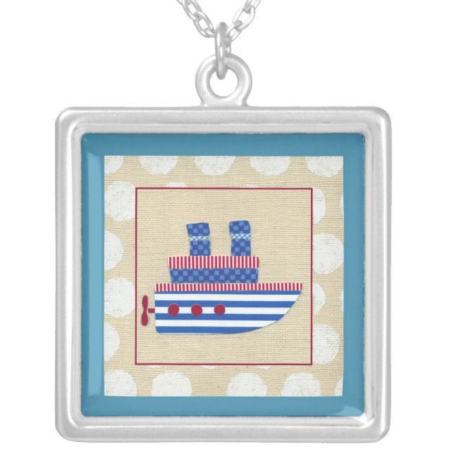 Steamship with Propeller and Blue Smokestacks Silver Plated Necklace (Front)