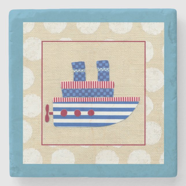Steamship with Propeller and Blue Smokestacks Stone Coaster (Front)