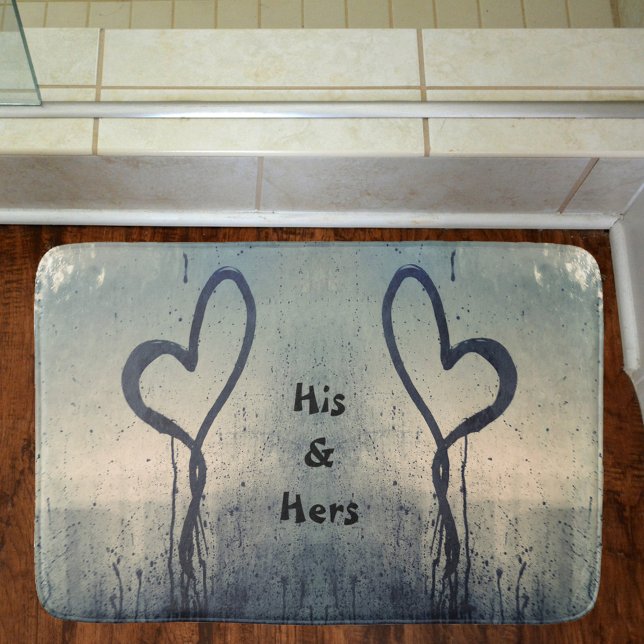 Steamy Hearts His and Hers Beige Blue Gray Bath Mat (Creator Uploaded)