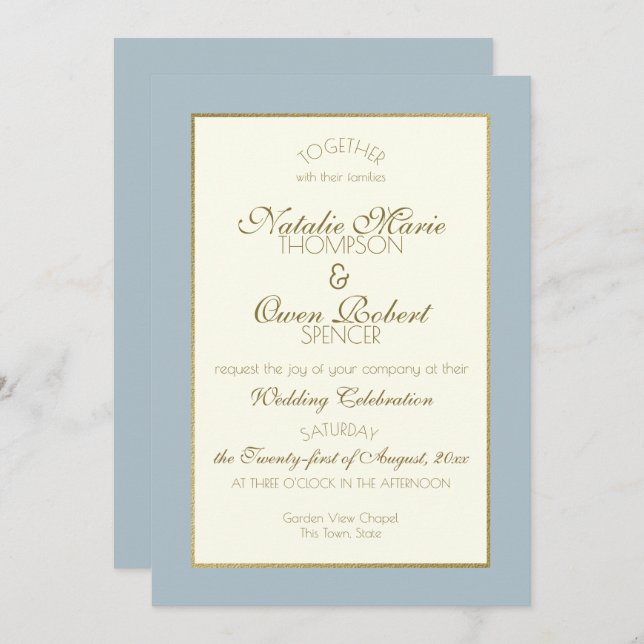 Steel Blue and Gold Wedding Invitation (Front/Back)
