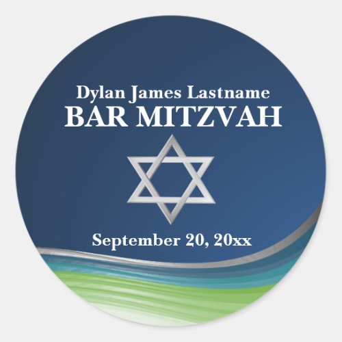 Steel Blue and Green Wave Star of David Name Classic Round Sticker