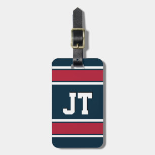 Steel Blue and Red Sports Stripes Monogram Luggage Tag