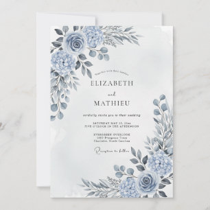 Steel Blue Artistic Floral Wedding Invitation