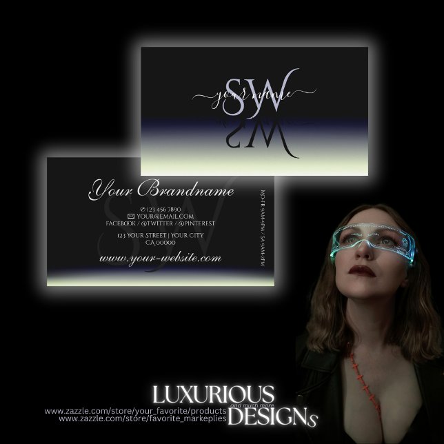 Steel Blue Black White Gradient Shadow Initials Business Card (Creator Uploaded)