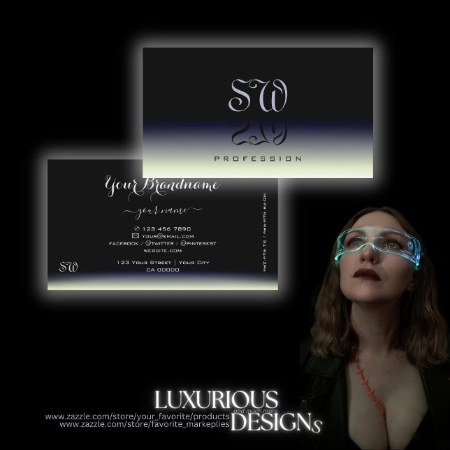 Steel Blue Black White Gradient Shadow Monogram Business Card (Creator Uploaded)