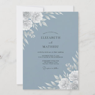 Steel Blue Botanical Floral Wedding Invitation