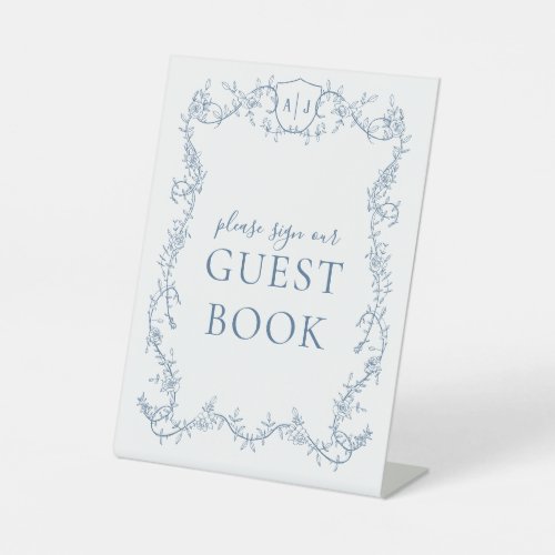Steel Blue Botanical Wedding Guest Book Pedestal Sign