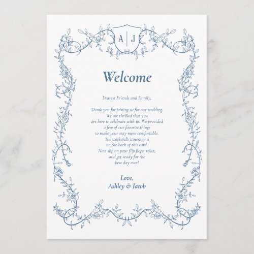Steel Blue Botanical Wedding Letter and Itinerary Program