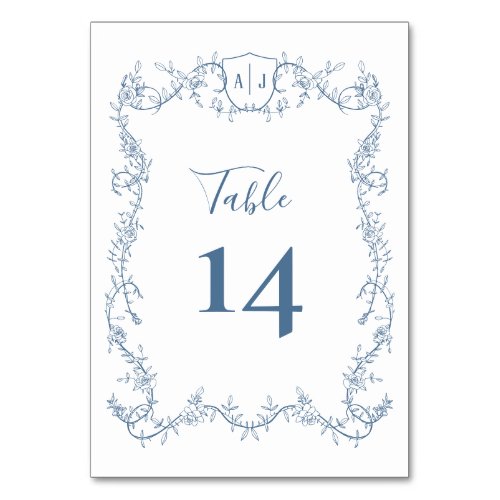Steel Blue Botanical Wedding Rambling Rose Vine Table Number