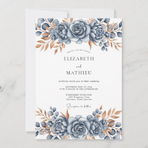 Steel Blue Bronze Botanical Wedding Invitation
