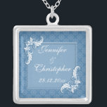 Steel Blue Damask and Floral Frame Wedding Silver Plated Necklace<br><div class="desc">A vintage style design for your upcoming nuptials featuring a subtle damask pattern on a steel blue background. The text is surrounded by a rectangular frame with a floral swirl in two of the corners with a raised printed effect. The text is fully customizable for your own special occasion. The...</div>