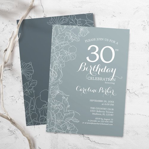 Steel Blue Floral 30th Birthday Party Invitation