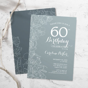 Steel Blue Floral 60th Birthday Party Invitation