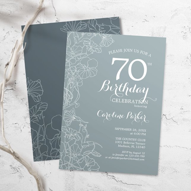 Steel Blue Floral 70th Birthday Party Invitation (Creator Uploaded)