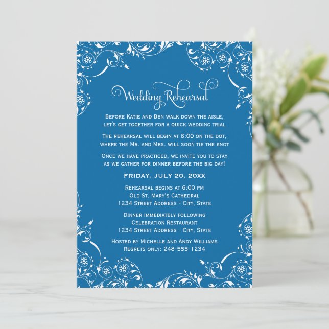 Steel Blue Flourish Wedding Rehearsal Invitation (Standing Front)
