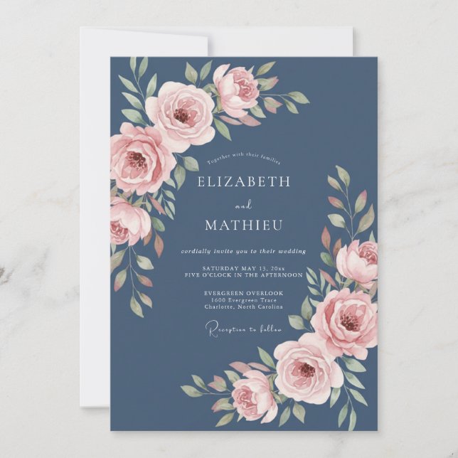 Steel Blue Graceful Rose Wedding Invitation (Front)