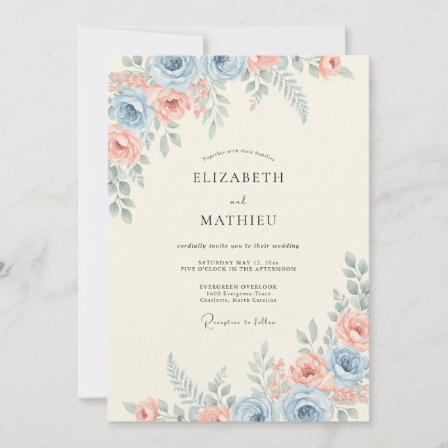 Steel Blue Graceful Spring Wedding Invitation (Front)