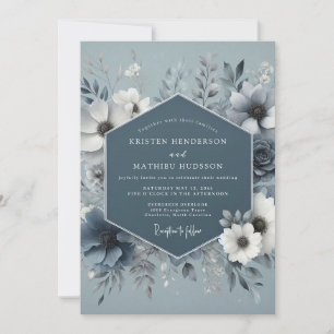 Steel Blue Icy Blossom Wedding Invitation