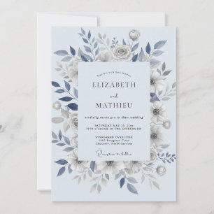 Steel Blue Leafy Wedding Invitation