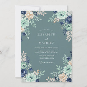 Steel Blue Mint Floral Wedding Invitation