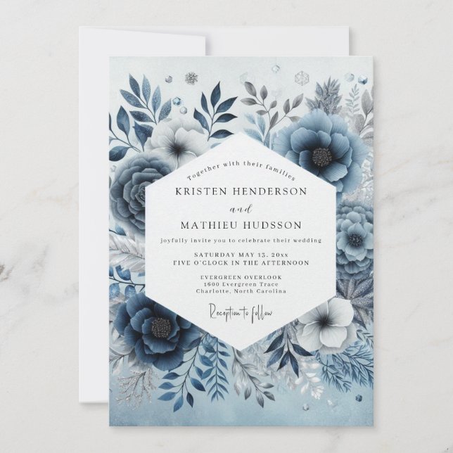 Steel Blue Misty Flora Wedding Invitation (Front)