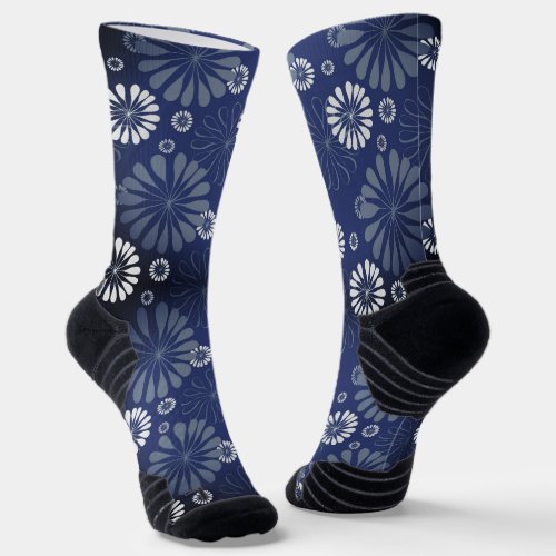 Steel Blue Modern Floral Print Socks