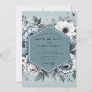 Steel Blue Monotone Flora Wedding Invitation