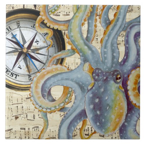 Steel Blue Octopus Music Compass Ceramic Tile