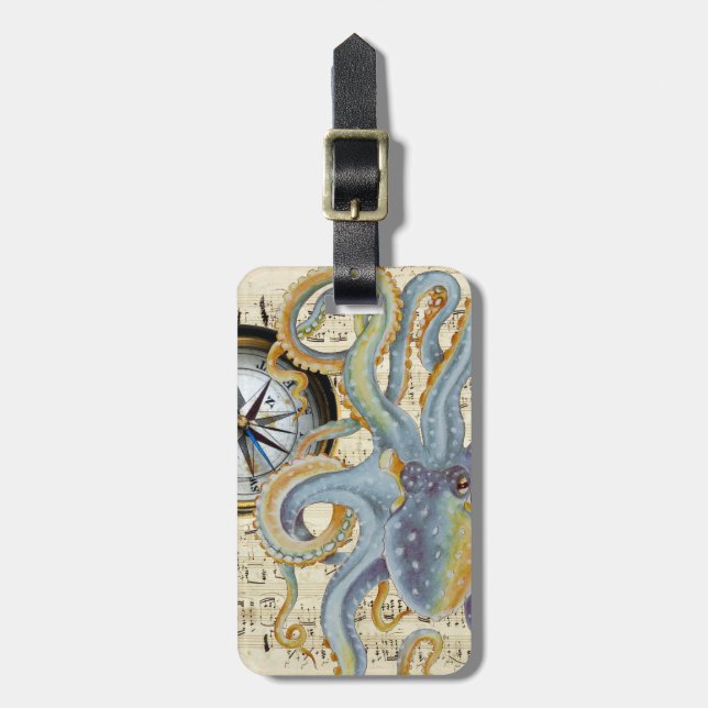 Steel Blue Octopus Music Compass Luggage Tag (Front Vertical)