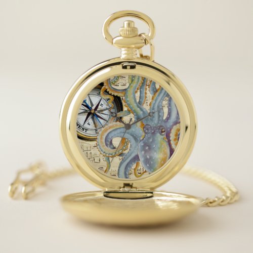 Steel Blue Octopus Music Compass Pocket Watch