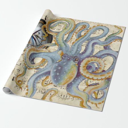 Steel Blue Octopus Music Compass Wrapping Paper