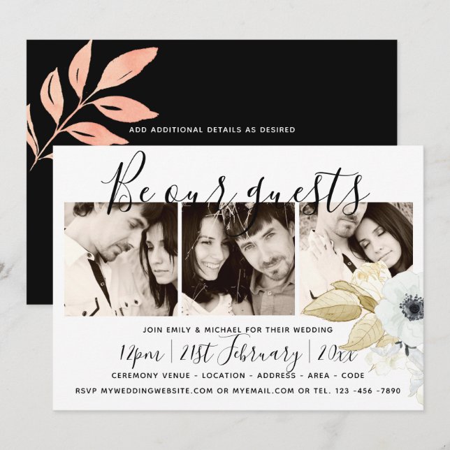 Steel Blue Photos x 3 Modern Handwritten Wedding Invitation (Front/Back)