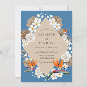 Steel Blue Plumeria Eucalyptus Wedding Invitation