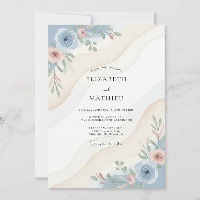 Steel Blue Ranunculus Eucalyptus Wedding Invitation (Front)
