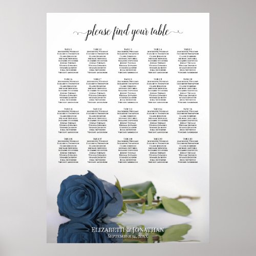 Steel Blue Rose 20 Table Wedding Seating Chart
