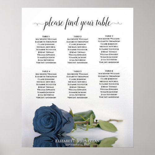 Steel Blue Rose 6 Table Wedding Seating Chart