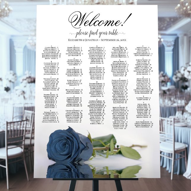 Steel Blue Rose Alphabetical Seating Chart Welcome Foam Board (On Stand at Reception)