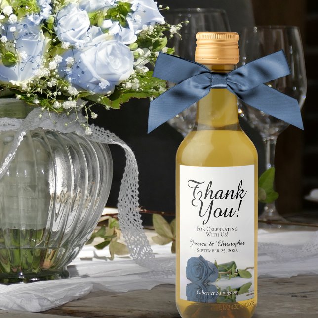 Steel Blue Rose Elegant Wedding Thank You Mini Wine Label (Creator Uploaded)