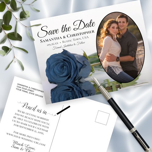Steel Blue Rose Oval Photo Wedding Save The Date Announcement Postcard