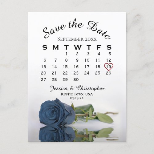 Steel Blue Rose Wedding Calendar Save the Date Announcement Postcard