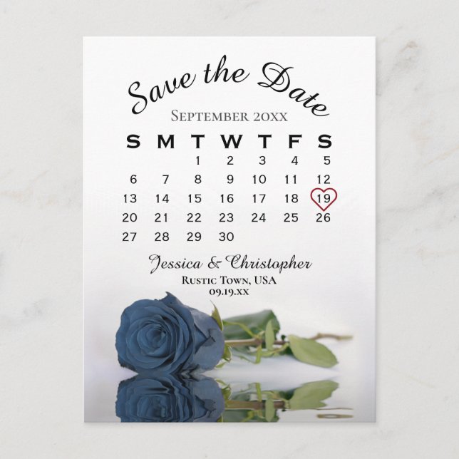 Steel Blue Rose Wedding Calendar Save the Date Announcement Postcard (Front)