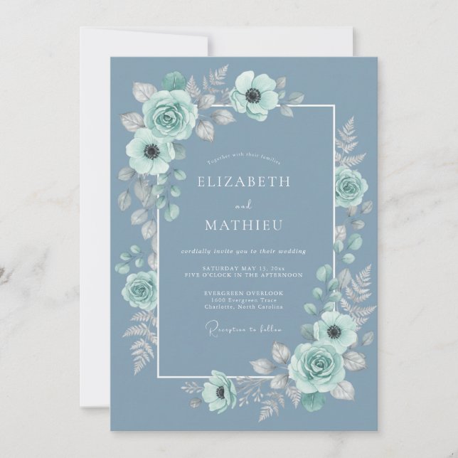 Steel Blue Serene Botanical Wedding Invitation (Front)