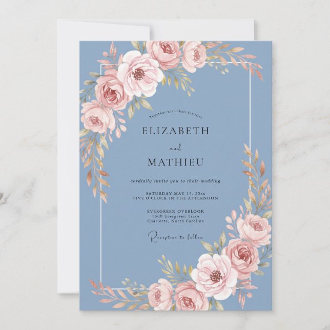 Steel Blue Soft Floral Wedding Invitation (Front)